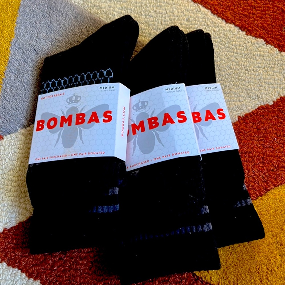 Bombas black crew socks size medium woman's 8-10.5 men's 6-9 PACK OF THREE PAIRS